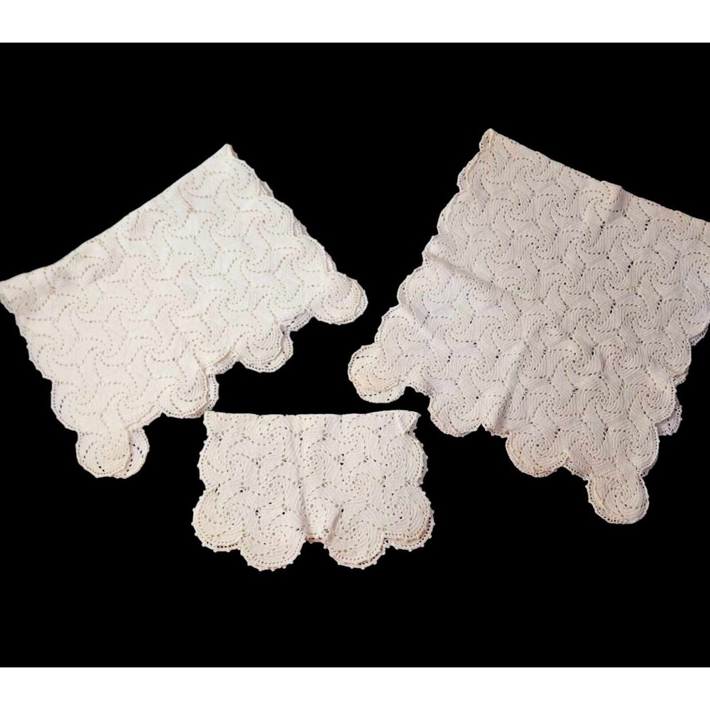 Set of 3 Vintage Hand Crocheted Lace Dresser Scarves Cream Pinwheel Cottage Core